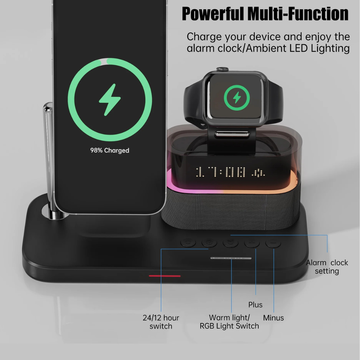 5-In-1 Magnetic Wireless Charging Station W. Alarm Clock Night Light - IPhone, AirPods, Appl Black    SKU: WB-UA1748-black White    SKU: WB-UA1748-whitee Watch